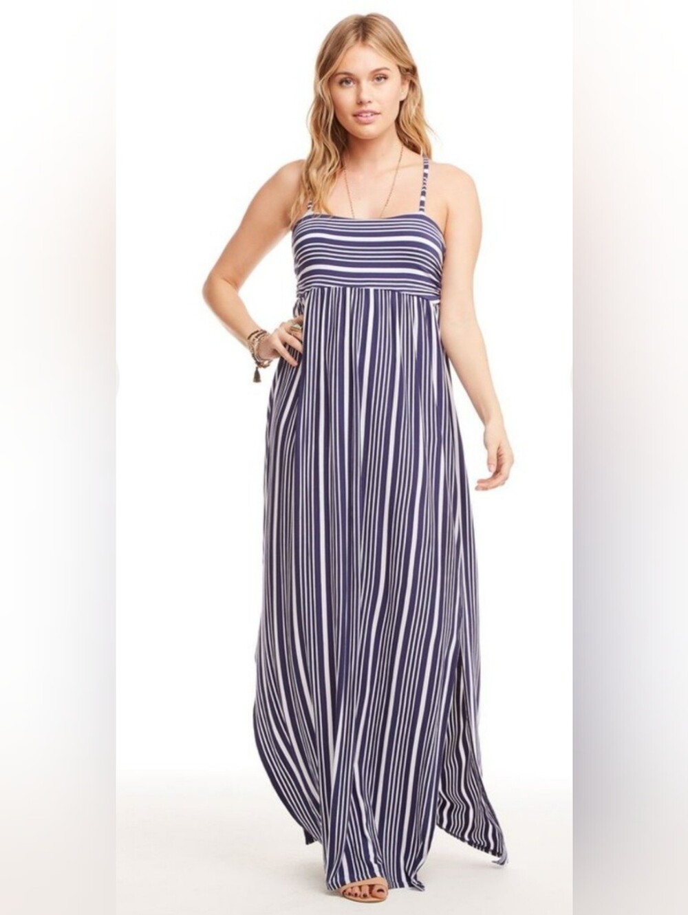 Chaser Navy and White Striped Spaghetti-Strap Maxi Dress
